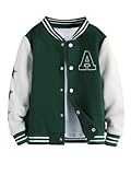SHENHE Boy's Button Up Varsity Jacket Color Block Letter Print Baseball Bomber Jacket Dark Green 10Y