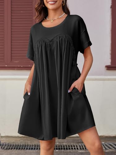 Image of Wenrine Womens Short Sleeve T Shirt Dress Summer Babydoll Patchwork Swing Casual Mini Dresses Black, Large