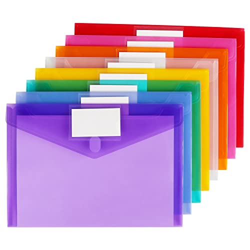 Tamaki 8 Pack Plastic Envelopes Poly Envelope Folder Clear Plastic Reusable Folders With Hook & Loop Closure, Letter Size/A4 Size, For School And Office Supplies, In 8 Assorted Colors #TOP1