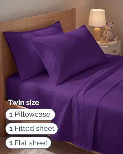 Image of Twin 4 Piece Bed Sheet Set - Comfy, Breathable & Cooling Sheets - Purple | Ultra Soft Hotel Luxury Bedding Set with 8-16 Inch Deep Pockets, 1 Flat & 1 Fitted Sheet & 2 Pillowcases, Wrinkle & Fade Free