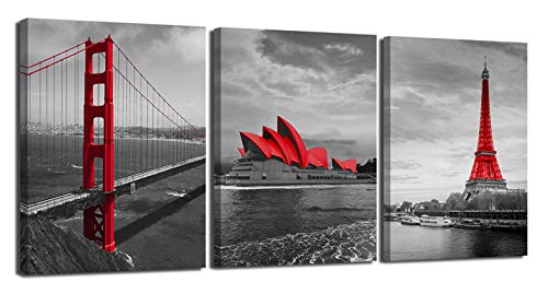 3 Panel Black and White Building Canvas Wall Art, Golden Gate Bridge Prints Picture,Sydney Opera House Artwork Painting,The Seine&Paris Eiffel Tower Modern Giclee Wall Decor for Home Office 16