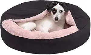 Petslover - Round Snuggery Hooded Fabric Dog Bed With Attached Blanket, Calming Anti-Anxiety Hooded Donut Bed & More for Dogs & Cats - Multiple Colors, Sizes, & Styles Black (Large)