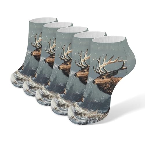 Calcetines tobilleros con diseño de ciervo toro en animales salvajes nevados, 5 pares de calcetines cortos casuales de corte bajo atléticos
