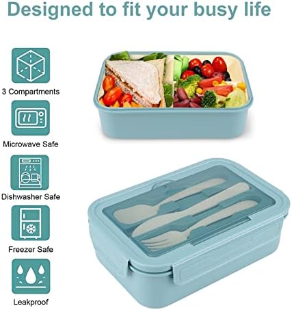 Lunch Box,Bento Lunch Box for Adults and Kids,Lunchbox Salad Lunch Container with 3 Compartments for Food Fruit Snack,Built-in Reusable Spoon,1400ml Food Storage Containers,BPA-Free,Blue