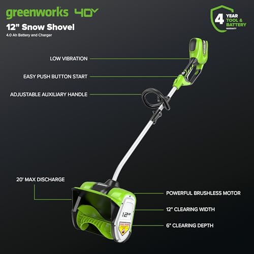 Greenworks 40V (75+ Compatible Tools) 12” Cordless Snow Shovel, 4.0Ah Battery and Charger Included