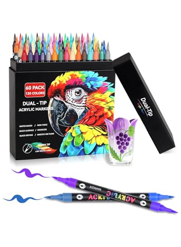Brled 120 Colors Acrylic Paint Markers with 60 Dual-Color Brush Tips, Double Tips Acrylic Paint Pens for Rocks, Eggs, Wood, Rock, Canvas, Plastic, Glass, Ceramic