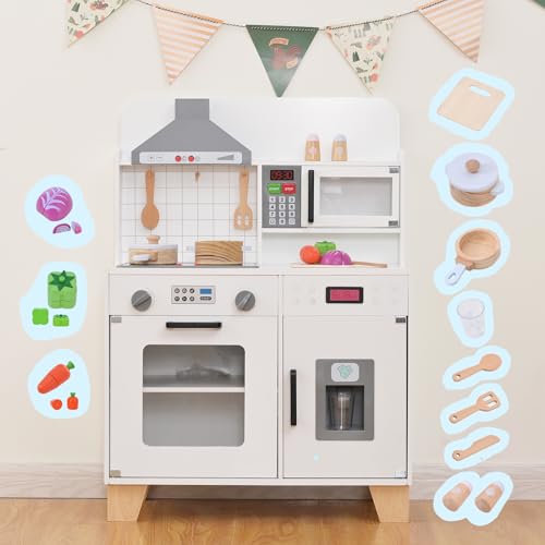 OSLEEP おままごと キッチン 木製 台所 ライト付き 音が鳴る 製氷機 調理器具付き 調味料 食材 野菜 知育玩具 コンロ 電子レンジ 家事 おもちゃ キッズ ベビー 誕生日 プレゼント (スタイル-A)