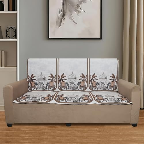 Image of Velvet Single Seater Sofa Cover with 2 Seat and Back Covers - Elephant Dome Design - Washable Fabric - Stylish Sofa Cover for Modern Living Room (Beige, 1 Seater Without Arm Covers)