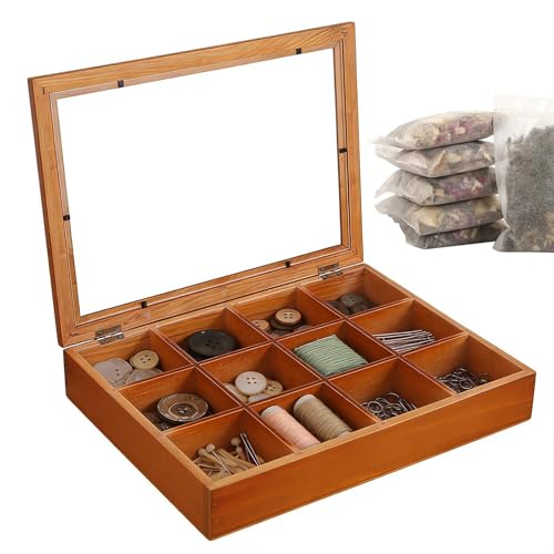 Tea Organisers and Storage - Clear Lid Tea Packet Organizer with Twelve Slots, Wooden Box for Small Item Display | Stackable Coffee Packet Holder for Kitchen Countertop
