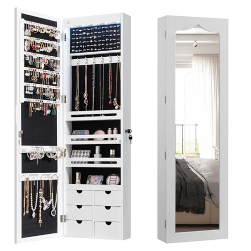 HOMASIS LED Espejo Joyero de Pared, Armario para Joyas con Cerradura y 6 Cajones, Joyero Almacenamiento para Colgar en la Pared o en la Puerta (Blanco)