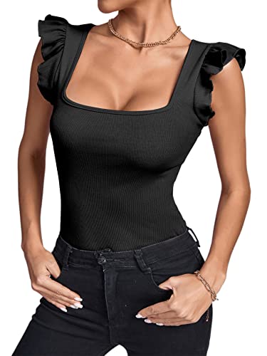 Lyaner Women's Square Neck Ruffle Cap Sleeve Tank Top Ribbed Knit Sleeveless T Shirt Black Large #TOP4