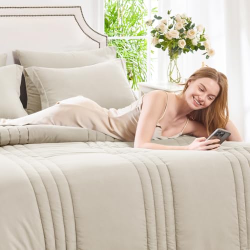 Image of CozyLux Full Size Comforter Sets Beige - 7 Pieces Bed in a Bag, Modern Vertical Quilted Room Decor, Soft All-Season Bedding Gift with Comforter, Sheets, Pillowcases & Shams