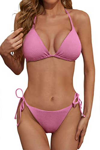 Image of Zuvebamyo Women's Two Piece Bikini Swimsuit Sexy Ribbed Triangle Top Bathing Suits String Cheeky Bikini Sets