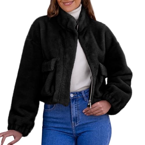 Tankaneo Womens Cropped Faux Fur Coat Fleece Stand Collar Zip Up Jacket 2025 Winter Warm Outerwear