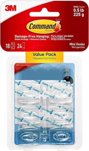 Command Multi-Pack de Mini Crochets Transparents, 18 Crochets et 24 Petites Languettes Adhésives - Accrochage Sans Dommage