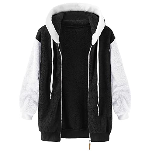 Fuzzy Fleece Jackets for Women Plus Size Hoodies Fall Winter Coats Color Block Patchwork Cardigan Coat with Pockets