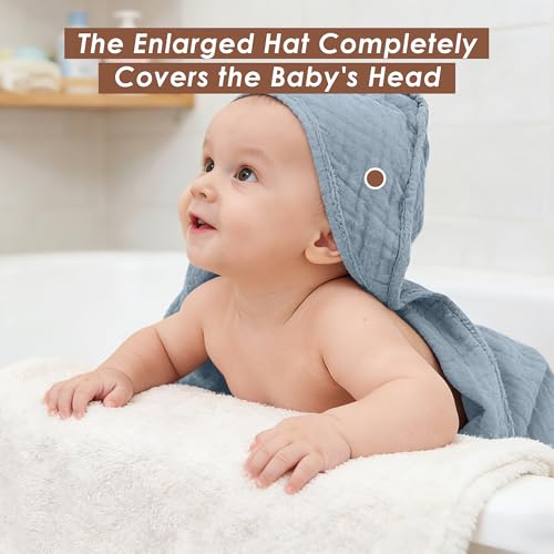 Image of Ease Cubs 3-Pack Muslin Hooded Baby Towels, 100% Cotton, Ultra-Soft & Absorbent Baby Bath Towels with Hood for Babies, Infant, Toddler and Newbron (Grey and Navy Blue Series,32 inch x 32 inch)