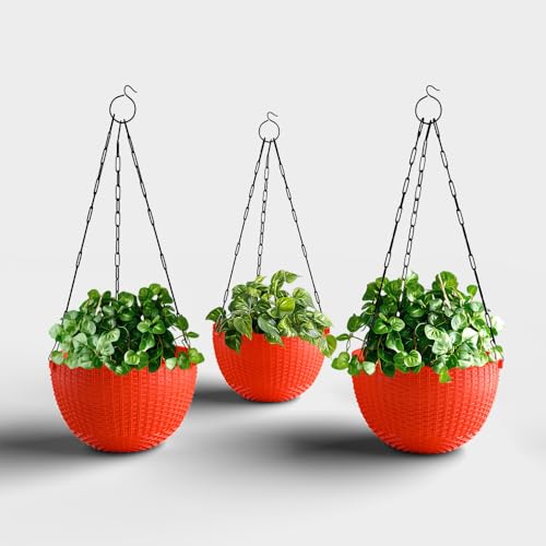 Image of YUCCABE ITALIA SHERA URO-Basket Plastic Flower Pot with Drainage Holes Round Planter Pot Suitable for Inddor Outdoor Kitchen (Red, 8 INCH - 3 Pcs)
