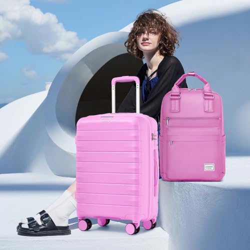Image of LARVENDER Carry On Luggage 22x14x9 Airline Approved, Suitcases with Wheels | Luggage Sets 3 Piece, Hardside PP Carry On Suitcase for Women Men, TSA Lock, Neon Pink