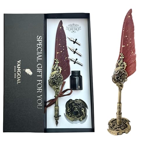 VANGOAL Steampunk Feather Pen and Ink Set with Gift Box, Vintage Quill Pen for Writing, Calligraphy Pen Set for Office Supplies, Birthday, Wedding, Christmas Gift (Coffee)
