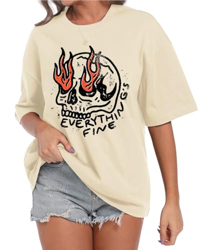 Everything is Fine Shirt Women Halloween Shirts Trendy Oversized T Shirt Vintage Skeleton Graphic Tees Rock Hippie Top4