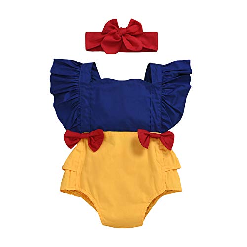 Image of Kuriozud Newborn Baby Girls Beauty and The Beast Ruffle Sleeve Romper Bodysuit Jumpsuit Outfts Clothes (C-Blue Yellow, 3-6 Months)