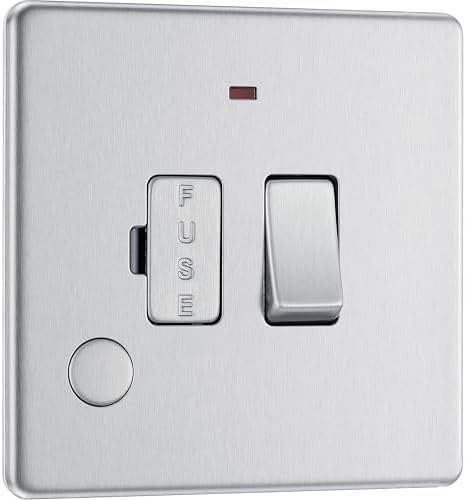 BG Electrical Switched Fused Connection Unit with LED Power Indicator and Flex Outlet, Fused Spur Switch, Double Pole, Screwless Front Plate, Slim Profile, Premium Flatplate, Brushed Steel, 13A, FBS53