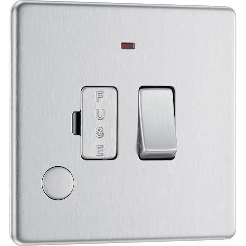 BG Electrical Switched Fused Connection Unit with LED Power Indicator and Flex Outlet, Fused Spur Switch, Double Pole, Screwless Front Plate, Slim Profile, Premium Flatplate, Brushed Steel, 13A, FBS53