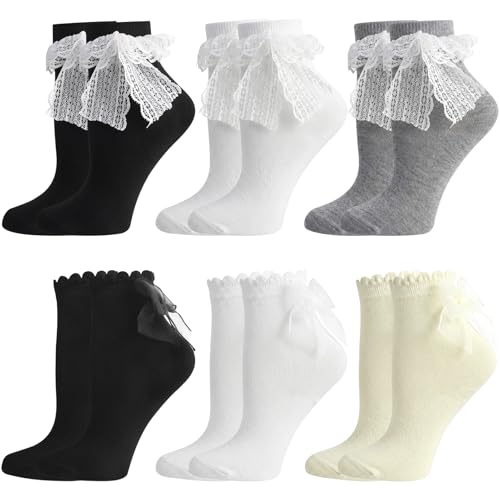 Image of Jspupifip 6 Pairs Lace Ruffle Frilly Crew Socks for Women Girls | Cotton Breathable Cute Princess Ankle Dress Lace Socks Thin Cool Casual Socks