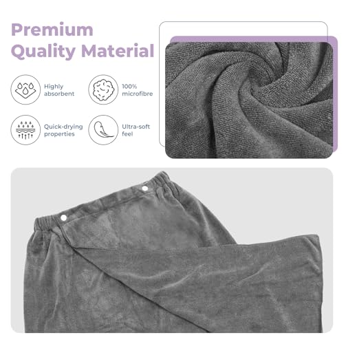 VIBINHO Saunakilt Damen, Saunarock & Saunakleid aus Schnelltrocknender Mikrofaser, 80x140 cm, Elastisch mit Verstellbaren Knöpfen & Tasche für Sauna, Fitness, Strand und Schwimmbad, Grau