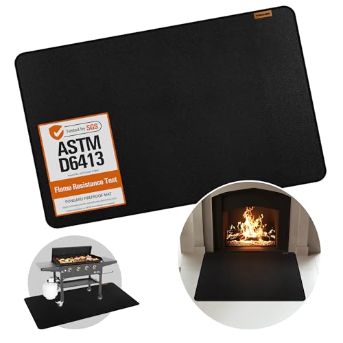 PONGARD 48x30 Inch Rectangle Fireproof Wood Stove Mat, Fire Resistant & Waterproof Silicone Fireplace Rug, Fiberglass Hearth & Grill Mat, Ember & Spark Floor Protector, Black