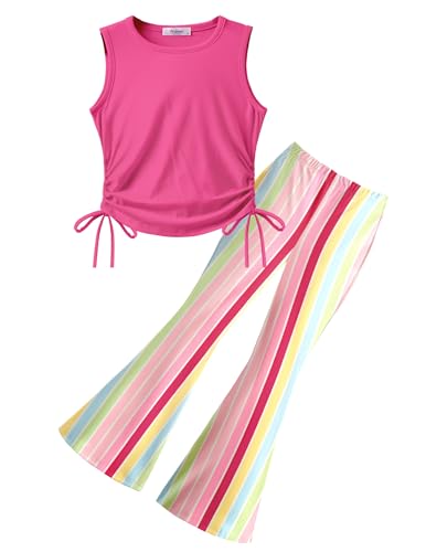 Image of Arshiner Toddler Girl Clothes 2 Piece Outfits Side Adjustable Drawstrings Tank Tops and Flare Leggings Pant Set