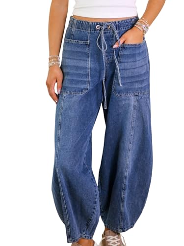 Women Stretch Drawstring High Waisted Jean Loose Wide Leg Baggy Barrel Denim Pants