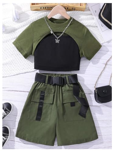 Image of SweatyRocks Girl's 3 Piece Outfits Short Sleeve Crop Top and Camisole with Cargo Shorts Set Multicolor 9Y