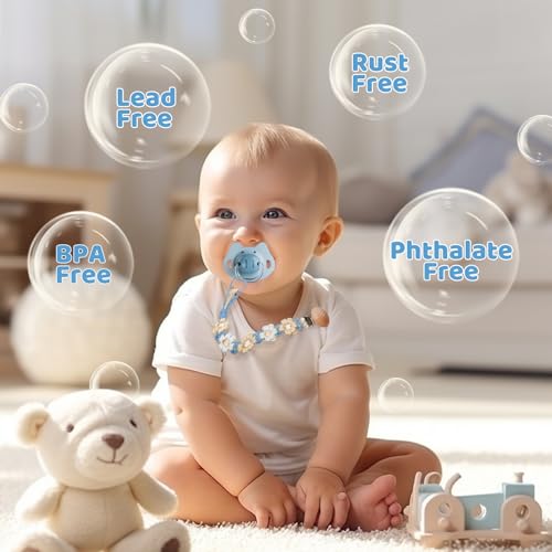 Image of Pacifier Clip for Boys Girls Floral Daisy Macrame Baby Paci Clip Pacifier Holder Leash Boho Wooden Clips Handmade Braided Cotton Binky Clips (2pack:Daisy A & Blue Daisy B)