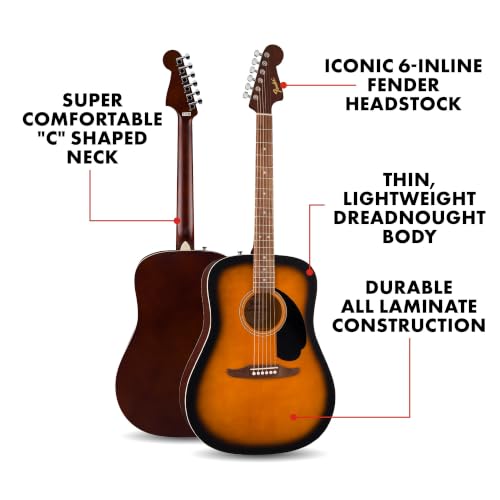 Image of Fender California Debut Redondo Series Acoustic Guitar Pack, Beginner Guitar, 2-Year Warranty, Includes Gig Bag, Stand, and More, 2-Color Sunburst