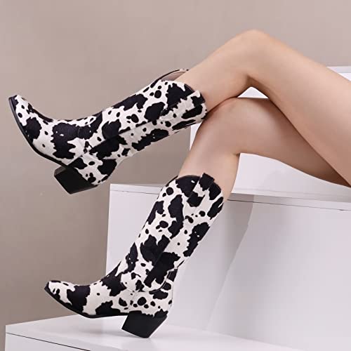 Cozivwaiy Women Cow Print Cowgirl Boots Chunky Heel Half Boots Pointed Toe Western Boots Cow Print Pull On Cowgirl Boots Mid Calf Cowhide Boots Black 8 #TOP4