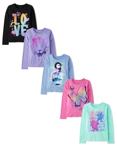The Children's Place Girls' Unicorns,Sports,Butterflies Long Sleeve Graphic T-Shirts,5 Pack