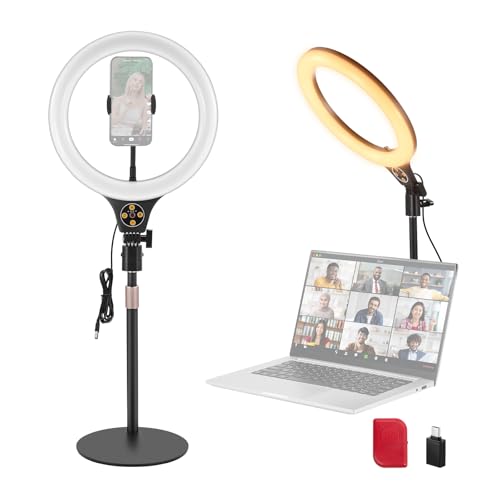 NEEWER Entry Level Version 10.5' Aro Luz Escritorio con Soporte/Soporte Móvil Compatible con iPhone/Remoto,10W LED Iluminación para Streaming Grabación Maquillaje Selfie Videoconferencia Portátil,N22