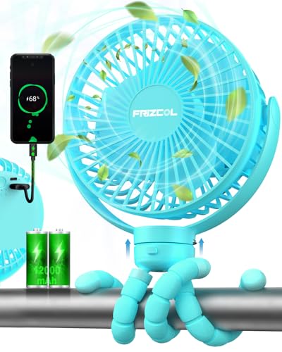 Image of Portable Stroller Fan, Use As Power Bank, 65H 12000mAh Battery Operated Fan Flexible Tripod Baby Car Seat Fans with Timming, Personal Mini Handheld/Desk/Small Clip On Fans For Stroller (Baby blue)