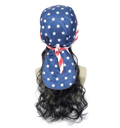 Image of Men's Mullet Wig with USA Flag Bandana, Long Curly Synthetic Wig, 80s Rocker Patriotic Costume Wig for Halloween, 4th of July and Cosplay (Black)