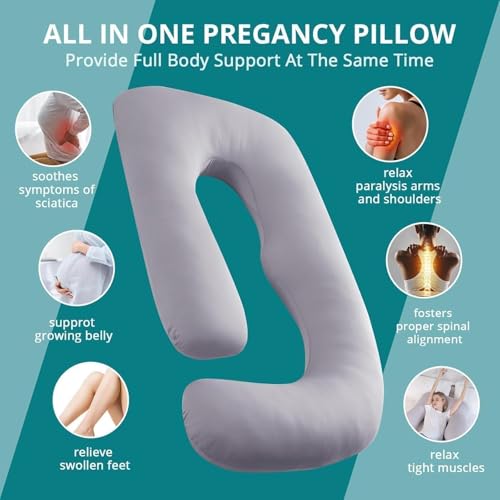 Image of Cooling Pregnancy Pillows for Sleeping, 65'' Full Body Pillow, Light Grey | Sasttie Maternity Pillow, OEKO-TEX, Down Alternative, Removable Cover, Pregnant Women Must Haves, Maternity Essential