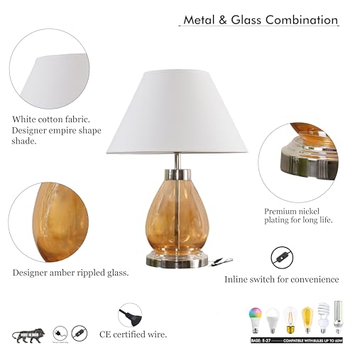 Image of Alper Smoke Luster Glass Table Lamp with Maroon Cotton Shade | Modern Designer Bedside & Living Room Decorative Table Light (Bulb Included)