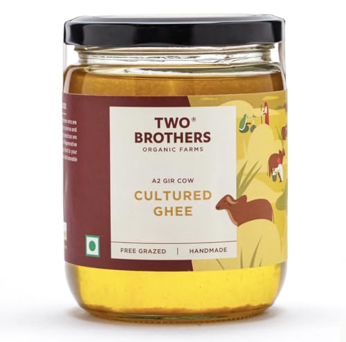 Image of Two Brothers Organic Farms Pure A2 Cultured Ghee 500 ml | Free-grazed Desi Gir Cows | Bilona Method | Farm-Made with Probiotics for Gut Health | India's only Certified Glyphosate-Free ghee (Pack of 2)