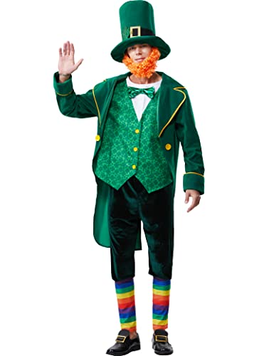 Frojuly Leprechaun Costume Men St Patricks Day Adult Green Lucky Charms Outfit 5pcs Mens Irish Jacket Suit for Halloween Party LXL