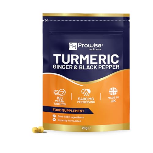 Comprimidos de cúrcuma de 5400 mg con pimienta negra y jengibre - Suplementos de cúrcuma con 95% de curcumina | 150 comprimidos fáciles de tragar (no cápsulas ni polvo) - Prowise
