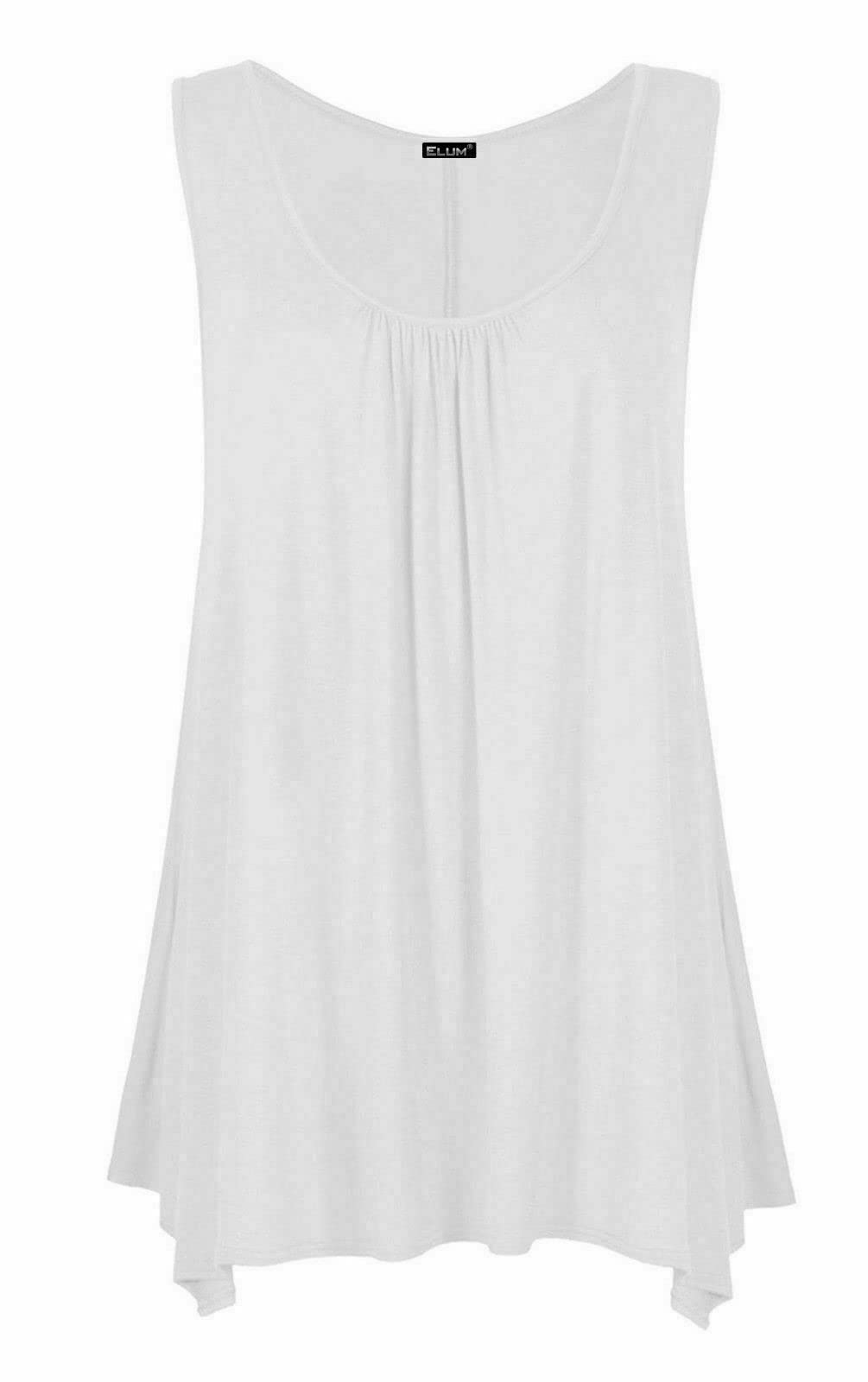 Real Life Fashion Ltd Women's White Sleeveless Hanky Hem Top Plain Gathered Top Scoop Neck Tunic Shirt Flared Vest Top