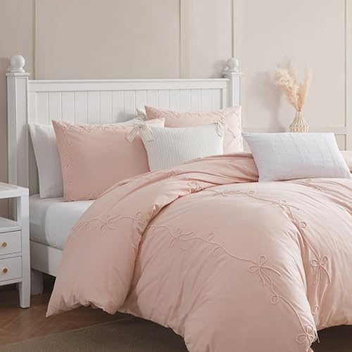Peri Home Bow Bedding Duvet Cover Cottage Core Vintage Country 100% Cotton 3-Piece Set, King, Blush Sasha Bows
