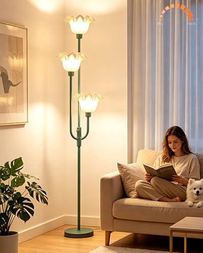 Image of 66'' Flower Floor Lamp for Living Room, Vintage Dimmable Floral Floor Lamp with LED Bulbs, Mid Century Modern Green Standing Tall Lamps for Bedroom /Sofa Beside /Corner Decor