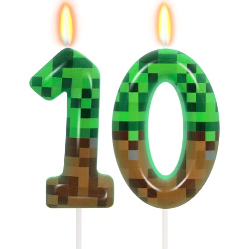 10th Pixel Miner Birthday Candles, Pixels Cake Topper for Boys Girls, TNT Themed Birthday Decorations Party Supplies (Number 10)